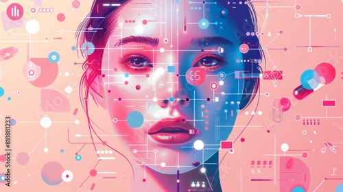 Tech-Enhanced Personalized Skincare Digital Illustration Featuring Woman's Face with Floating Skincare Icons