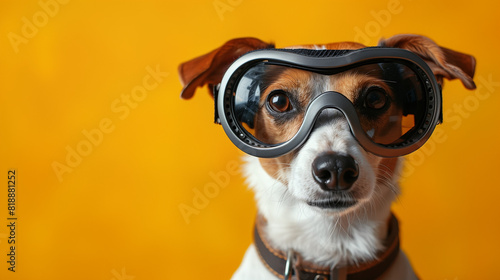 cute dog with pilot goggles on yellow background photo