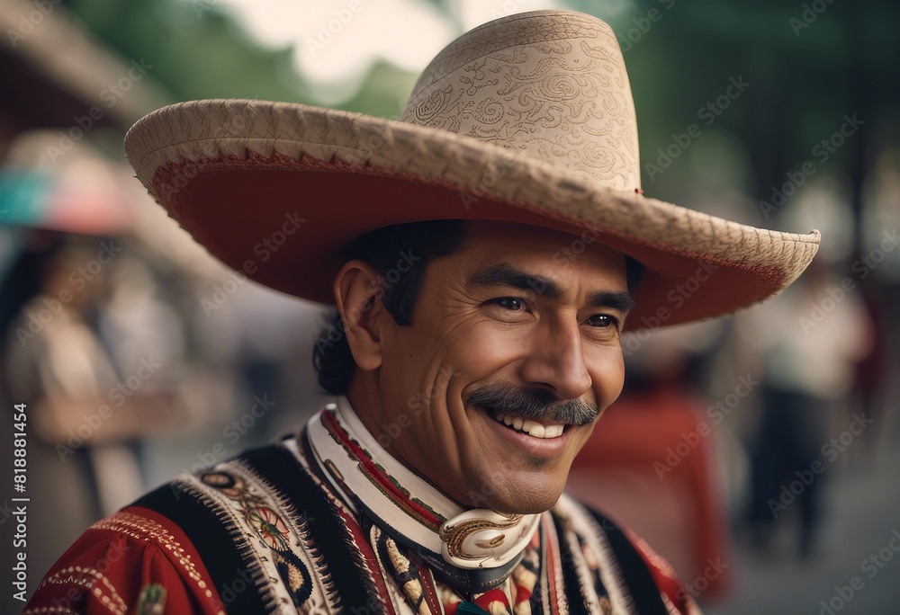 portrait of a Mexican man in traditional dress with a sincere smile at the street
