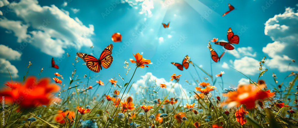 Summer Meadow Bursting with Color, Wildflowers and Flying Butterflies in a Sunny Field