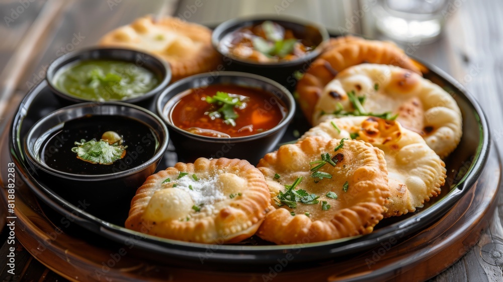 Platter of freshly made kachori with a variety of dipping sauces Platter of freshly made kachori with a variety of dipping sauces