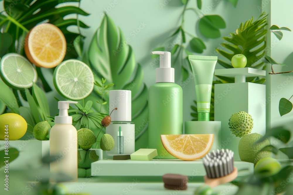 3D Illustration of Eco-Friendly Skincare Products with Natural Ingredients in a Green, Tropical Setting