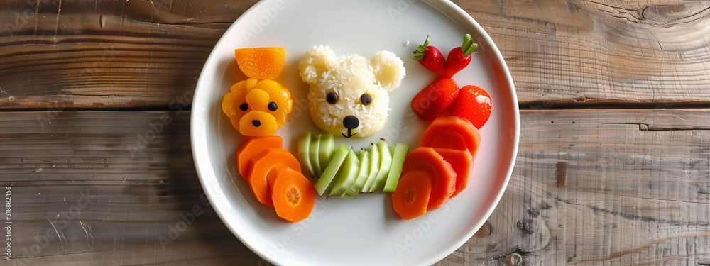 A colorful plate with children's dishes arranged in the shape of a cute animal. A colorful plate with children's dishes arranged in the shape of a cute animal.