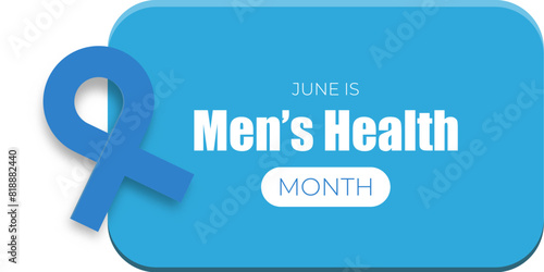 Mens health month concept horizontal banner design template with blue ribbon and text isolated on white background. June is national mens health awareness month vector flyer, banner, cover and poster