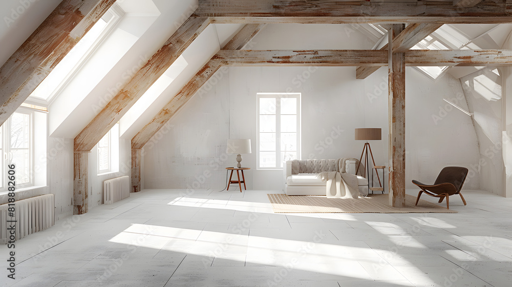 Light-filled scandinavian loft with exposed beams isolated on white background, vintage, png
