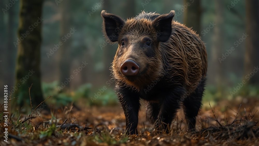 Image of Wild Boar Walking In Forest Background Image of Wild Boar Walking In Forest Background