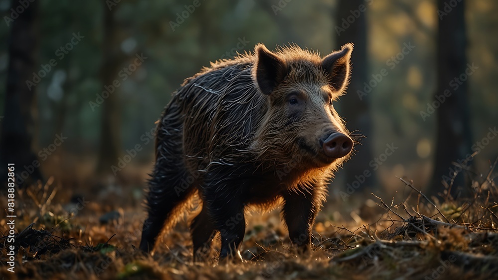 Image of Wild Boar Walking In Forest Background Image of Wild Boar Walking In Forest Background