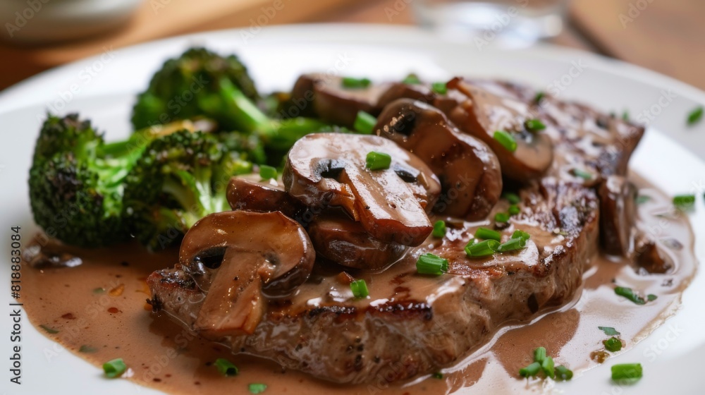 Pork tenderloin steak with a rich mushroom sauce and a side of steamed broccoli Pork tenderloin steak with a rich mushroom sauce and a side of steamed broccoli
