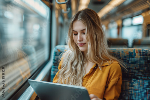 A woman is sitting on a train seat, focused on a tablet screen in front of her. She appears to be working on the tablet, possibly on a business trip or simply catching up on emails during her commute