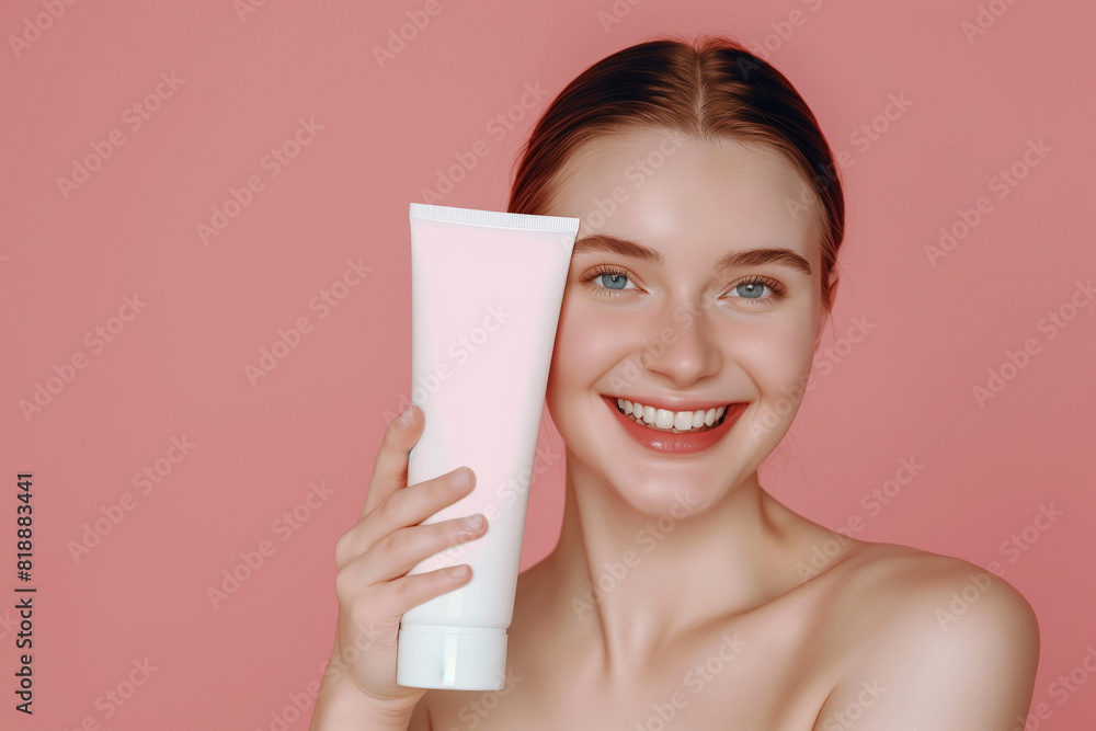 young happy Caucasian woman showing a blank white cosmetic cream mockup, cream mocku-up with any logo young happy Caucasian woman showing a blank white cosmetic cream mockup, cream mocku-up with any logo