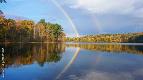 Rainbow reflected in the calm waters of a lake  enhancing the tranquility of the scene