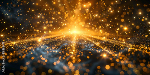 An explosion of golden light , Golden particles with ray on dark  Background. Abstract golden background with starburst.