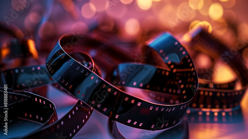 Close-up of tangled film strips with colorful bokeh lights in the background. Macro photography. Cinematic and vintage concept. Design for poster, wallpaper, greeting card