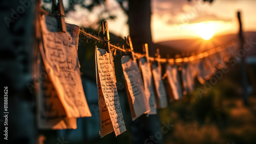 Close-up of handwritten notes hanging on a clothesline at sunset. Photography with blurred background. Nostalgic and literary concept. Design for poster, wallpaper, greeting card photo