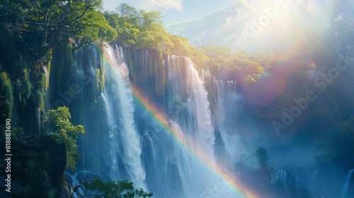 Rainbow reflected in the mist of a cascading waterfall  creating a magical scene