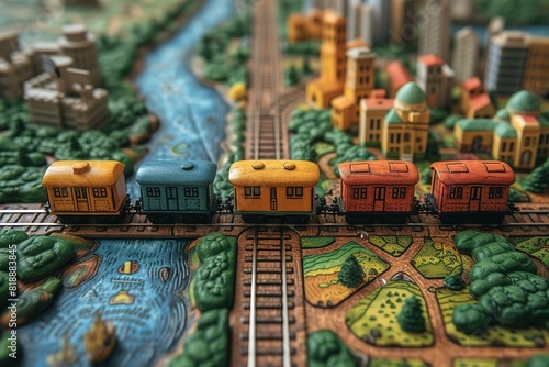 Train Travel Adventure Board Game Pieces Colorful board game pieces for a train travel adventure game, inviting interactive play