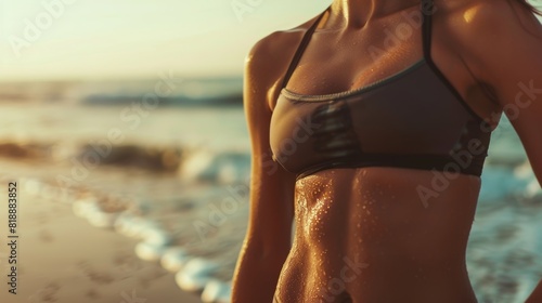Fit Woman's Toned Torso at Sunset Beach - Health, Fitness, Summer Vacation, Wellness Lifestyle Imagery photo