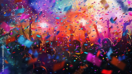 defocused background of colorful parade with confetti and streamers crowd cheering in pure excitement digital painting photo