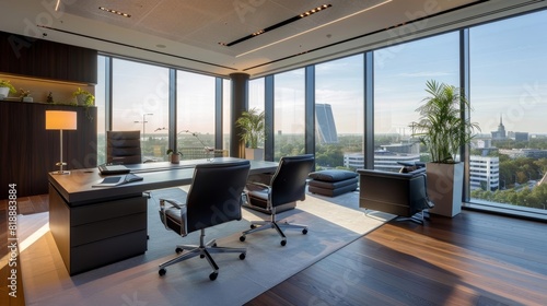 Spacious corner office with a panoramic view, modern desk, and comfortable seating area for meetings
