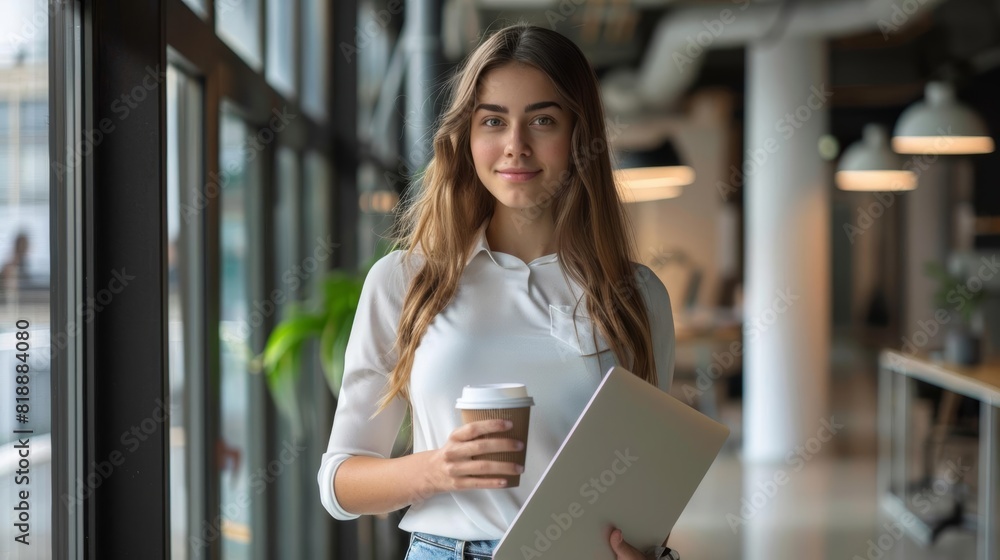 Professional young woman in business casual attire, holding a coffee cup and a laptop, standing confidently in a modern office