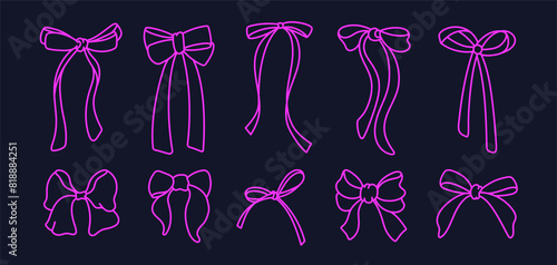 Bow line set. Vector neon ribbons, silk pink bows