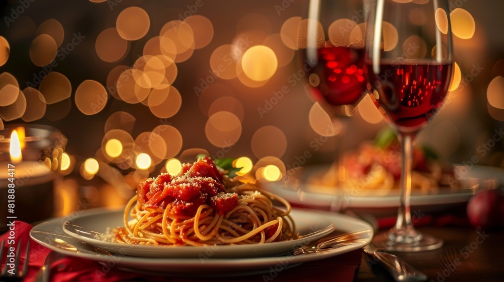 Romantic dinner setting with spaghetti dishes, wine glasses, and a candlelit ambiance