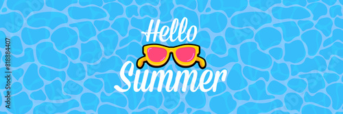 Super Hello summer vector banner with text and retro yellow sunglasses isolated on blue water background. Hello summer poster design template with cartoon sunglasses, beach, water pool , summer vibe