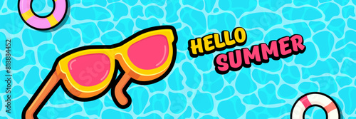 Super Hello summer vector banner with text and retro yellow sunglasses isolated on blue water background. Hello summer poster design template with cartoon sunglasses, beach, water pool , summer vibe