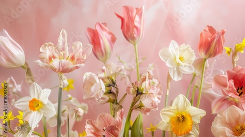 dreamy spring splendor ethereal floral display with tulips and daffodils on pastel pink still life photography