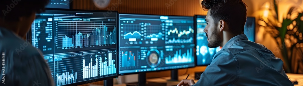 Fototapeta premium Digital Marketing Team Analyzing Live Campaign Results on Multiple Monitors for Online Business and E Commerce Insights
