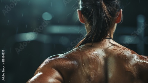 Muscular Female Athlete Back in Gym with Dramatic Lighting - Fitness, Strength, and Power Concept