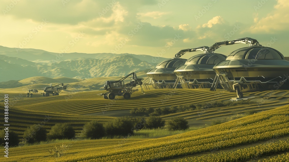 A futuristic agricultural complex stretching across miles of rolling hills, where automated machinery tends to fields of genetically modified crops. 32k, full ultra HD, high resolution