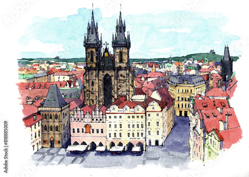 Prague old town square hand drawn watercolor sketch