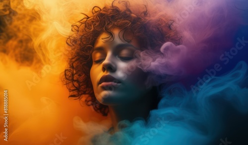 Curly Hair in Vivid Hues Person Surrounded by Orange, Yellow, Blue Smoke