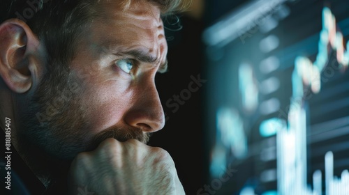 Portrait of a worried business executive looking at plummeting stock charts, tense and dramatic