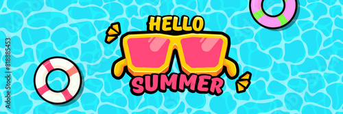 Super Hello summer vector banner with text and retro yellow sunglasses isolated on blue water background. Hello summer poster design template with cartoon sunglasses, beach, water pool , summer vibe