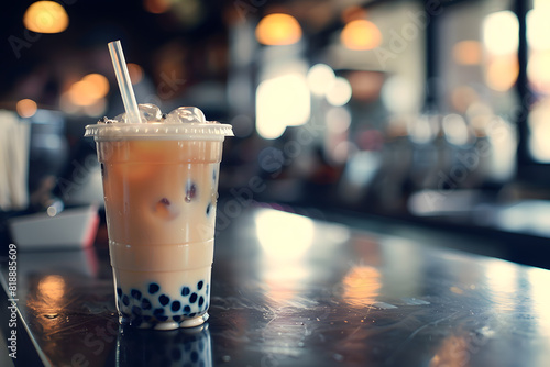 Close-up of a cup filled with bubble tea 