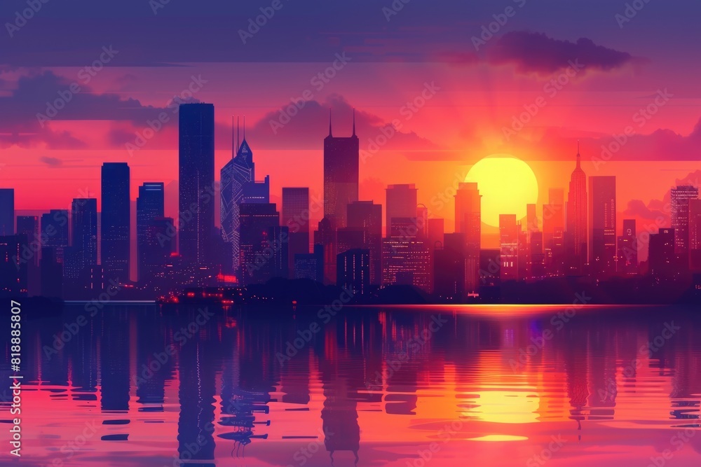 Sunset over a city skyline with a lake and a boat