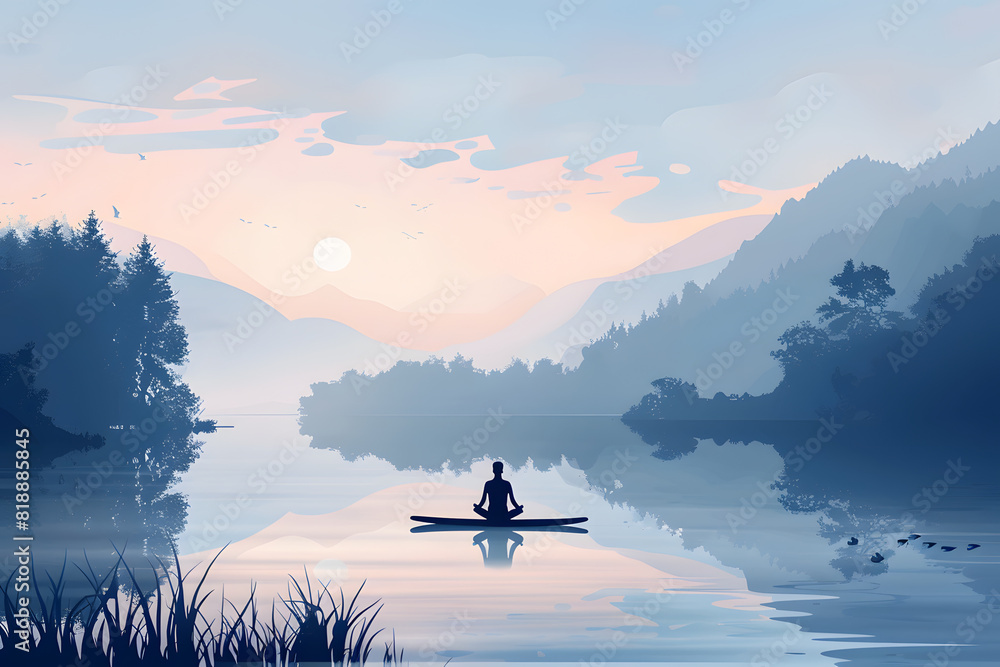 peaceful morning on the lake where a meditation man sitting on puddle board peaceful morning on the lake where a meditation man sitting on puddle board