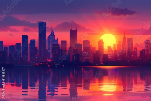 Sunset over a city skyline with a lake and a boat