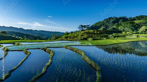 Scenic view of rice terraces with reflections in the water under a clear blue sky