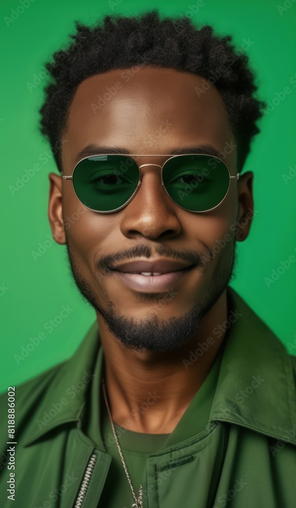 Obraz premium Man portrait. Style. Handsome Afro American guy in green jacket and sun glasses is looking at camera and smiling, on a green background