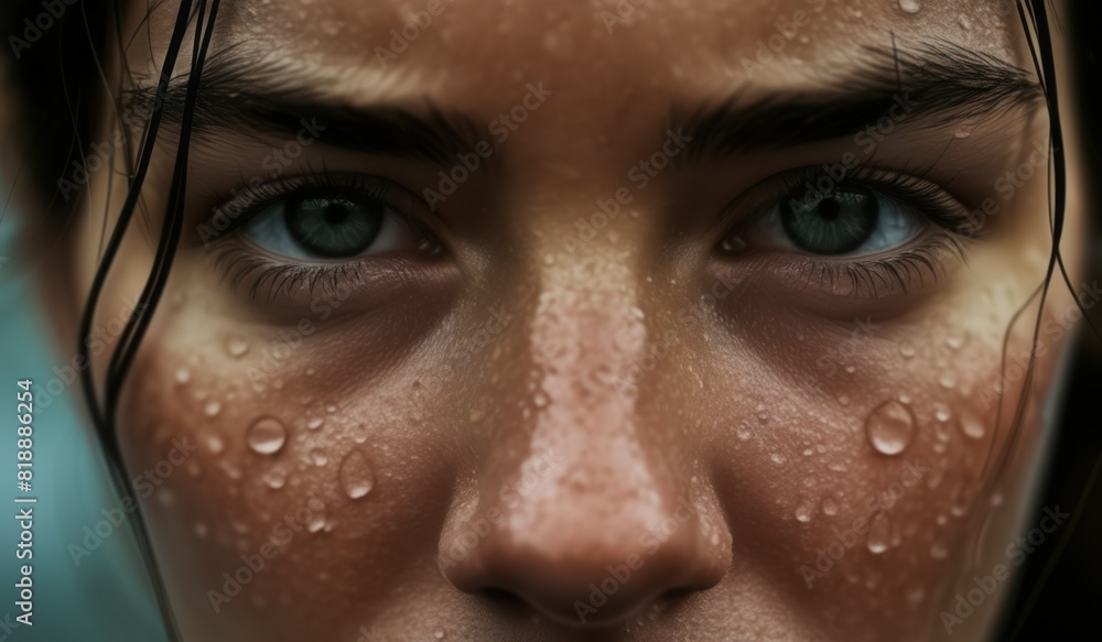 Reflective Gaze Close-Up of a Thoughtful Face Behind Water Droplets Reflective Gaze Close-Up of a Thoughtful Face Behind Water Droplets