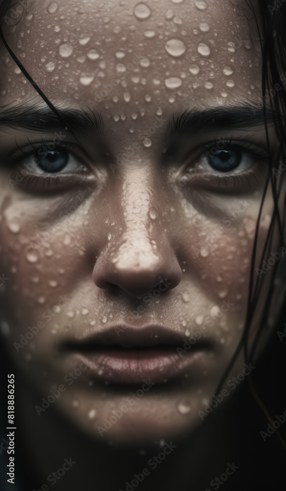 Reflective Gaze Close-Up of a Thoughtful Face Behind Water Droplets