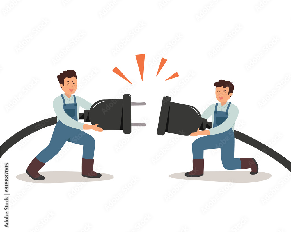 Young man holding electric socket with a plug. Connection and disconnection concept. Concept of 404 error connection. Young man holding electric socket with a plug. Connection and disconnection concept. Concept of 404 error connection.