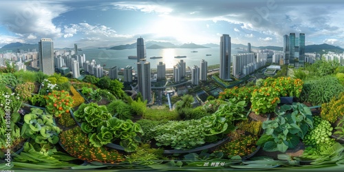 An immersive 360-degree equirectangular panorama of Seoul in the future  showcasing vertical farms and green rooftops providing fresh