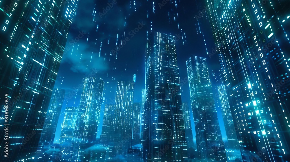 futuristic digital metropolis binary city of glowing blue light in matrix style abstract technological background futuristic digital metropolis binary city of glowing blue light in matrix style abstract technological background