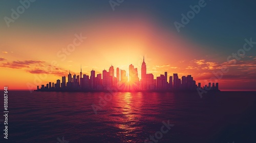 A futuristic metropolis skyline silhouetted against a horizon ablaze with the glow of a digital sunset, signaling the dawn of a new era. 32k, full ultra hd, high resolution photo