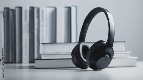 Books and modern headphones on white background.ce