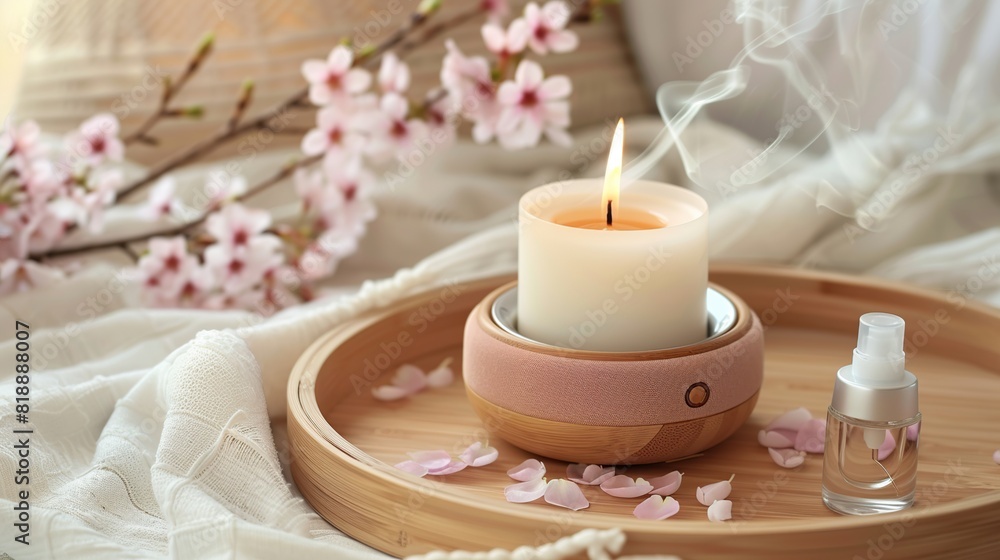 Aroma diffuser, burning candle, cherry blooming flowers and perfume on wooden bamboo tray Aroma diffuser, burning candle, cherry blooming flowers and perfume on wooden bamboo tray